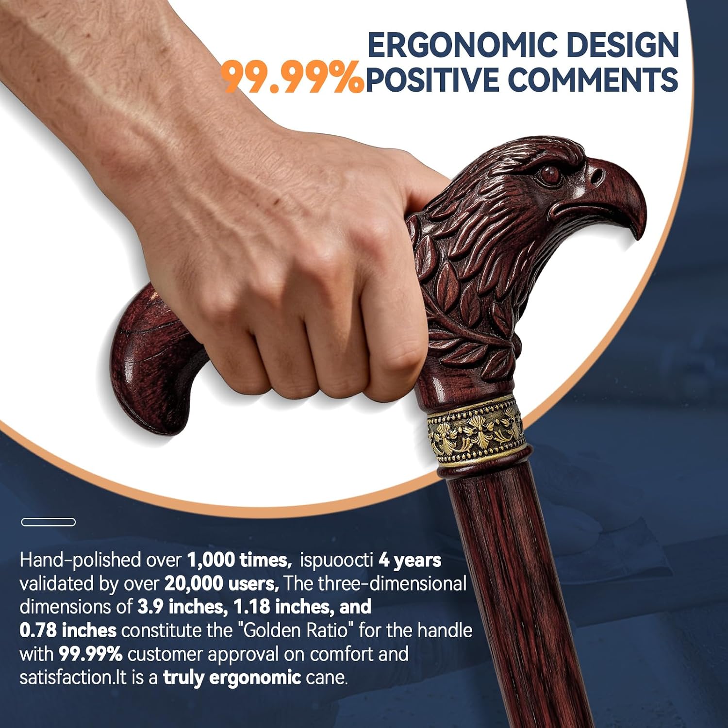 Wooden Cane, Hand Carved Eagle Walking Cane for Men Women | Symbolizing Spiritual Totem, Support up to 400 lb Ergonomic Natural Solid Wood Canes for Seniros with Wood Wax Oil Coating