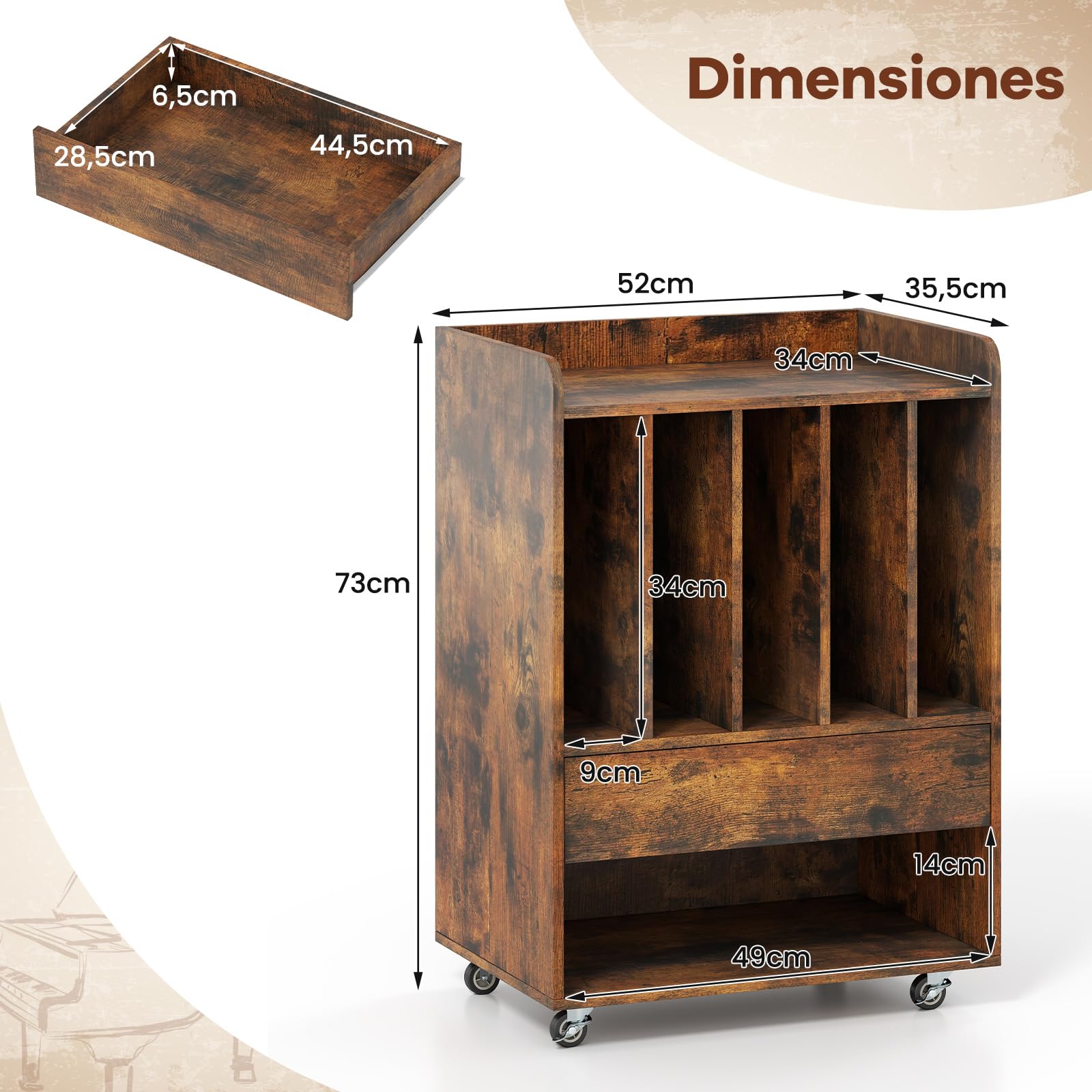 COSTWAY Soporte para Tocadiscos con Ruedas, Mueble para Discos de Vinilo con 5 Compartimentos, Cajón y Estante Abierto, Mesa Auxiliar para Tocadiscos para Salón, Oficina, 52 x 35,5 x 73 cm (Marrón)