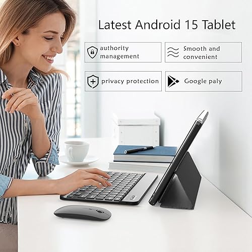 Vista 2 de Tablet Android 15 de 10 pulgadas, tabletas 2 en 1 con teclado/ratón/estuche/lápiz capacitivo, 8 GB de RAM+64 GB de ROM/1 TB Expandir Tableta