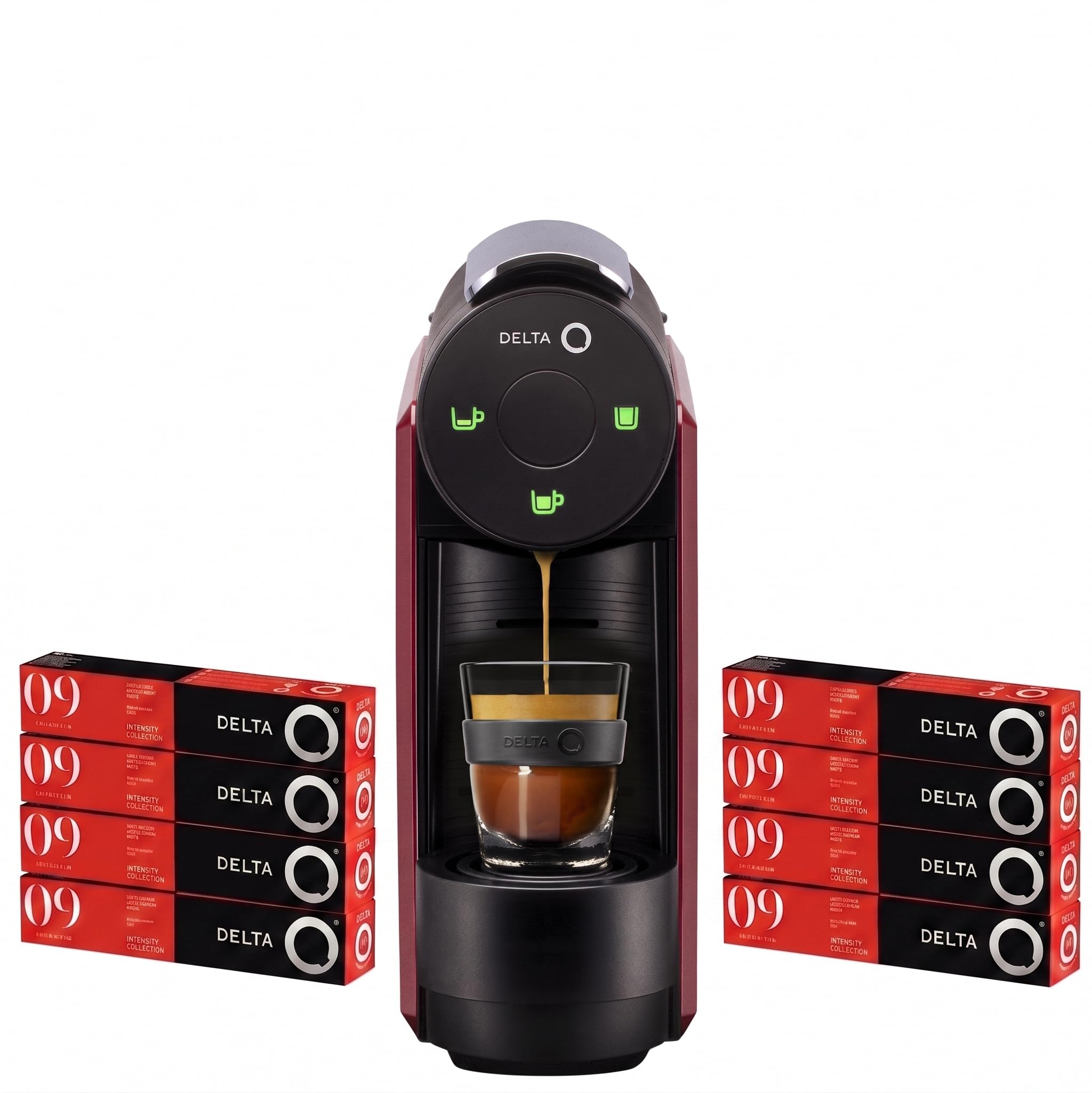 Delta Q - Pack Cafetera con Cápsulas - Mini Qool Roja - Para Cafés, Té y Bebidas Calientes - Sencilla y Práctica - Diseño Elegante - Incluye 8 Blíster x 10 Cápsulas Qharacter (Total 80 Cápsulas)