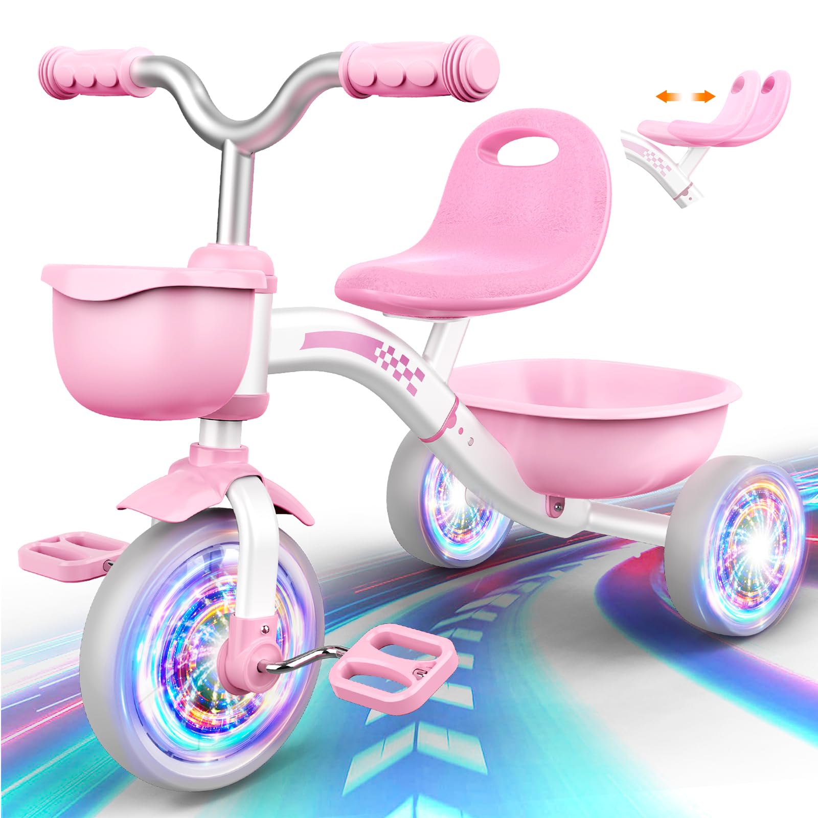 Toddler Tricycle for 1-3 3-5 Year Olds, Toddler Toys Baby Bike, Toys for Ages 2-4, 3-Level Adjustable Seat, 3 Colorful Lighting Wheels, 2 3 4 5 Year Old Girl Birthday Easter Gifts Pink