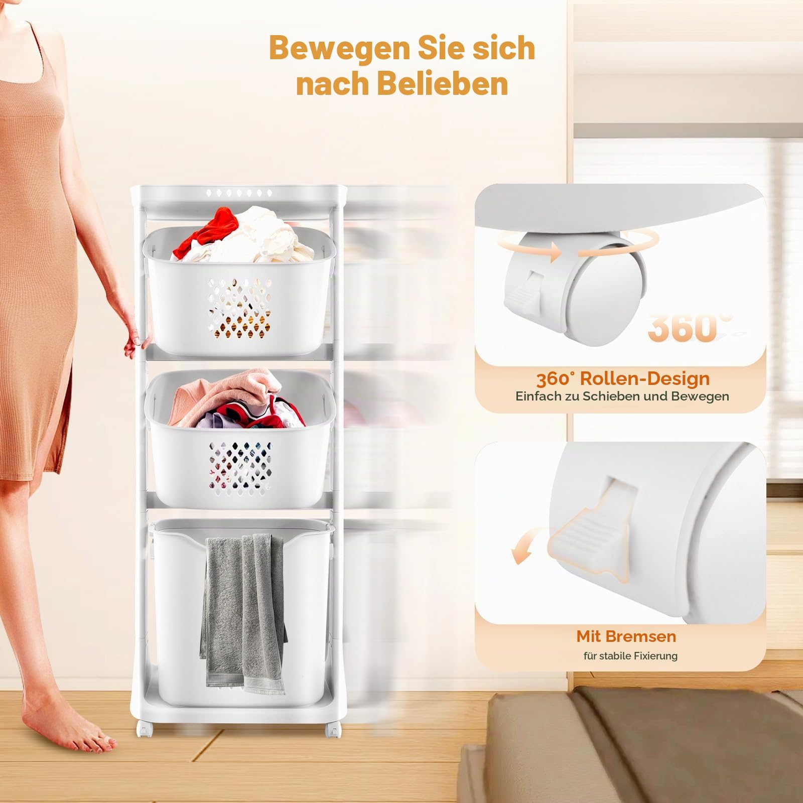 Wäschekorb mit Rollen, Wäschekorb 3 Fächer, Wäschekorbwagen mehrstöckig, Wäschesammler, Aufbewahrungskörbe, Wäschebehälter für Kleidung und Spielzeug