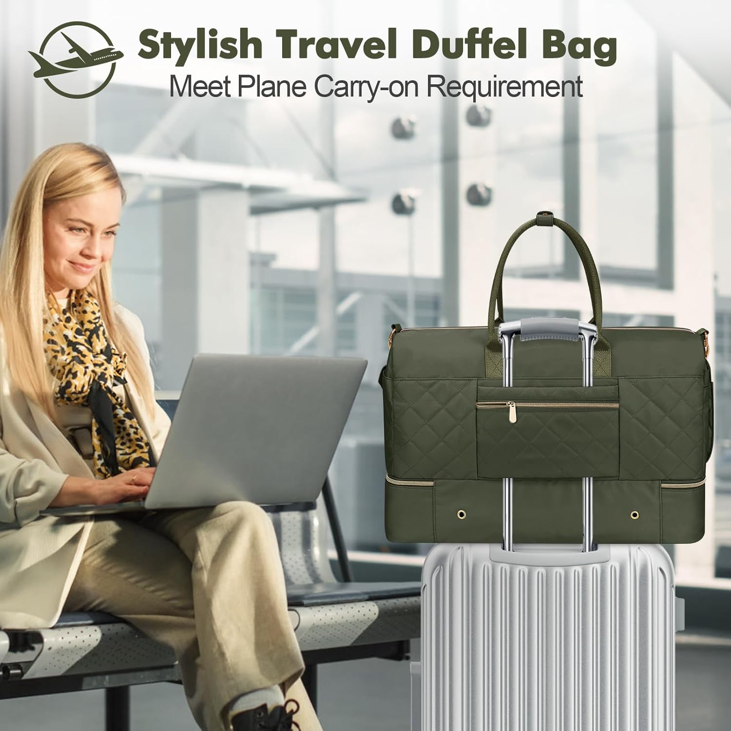 Wedama Travel Duffel Bag, Large Weekender Bag for Women with Shoe Compartment, Carry on Overnight with Toiletry Makeup Bag for Travel Gym Camping Hospital, Green - Image 5