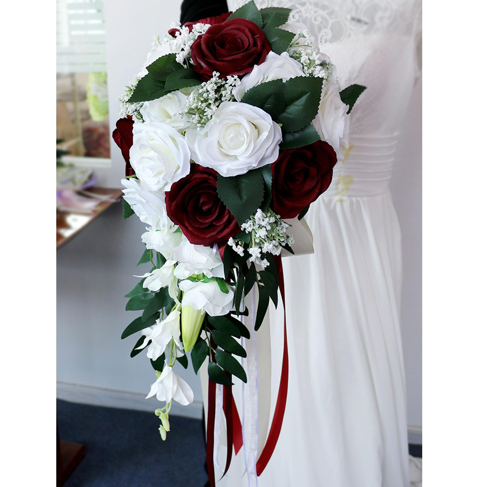 Artificial Rose Bridesmaid Bouquet - Romantic Wedding Bouquet For Bridal Ceremony Tossing, White & Burgundy