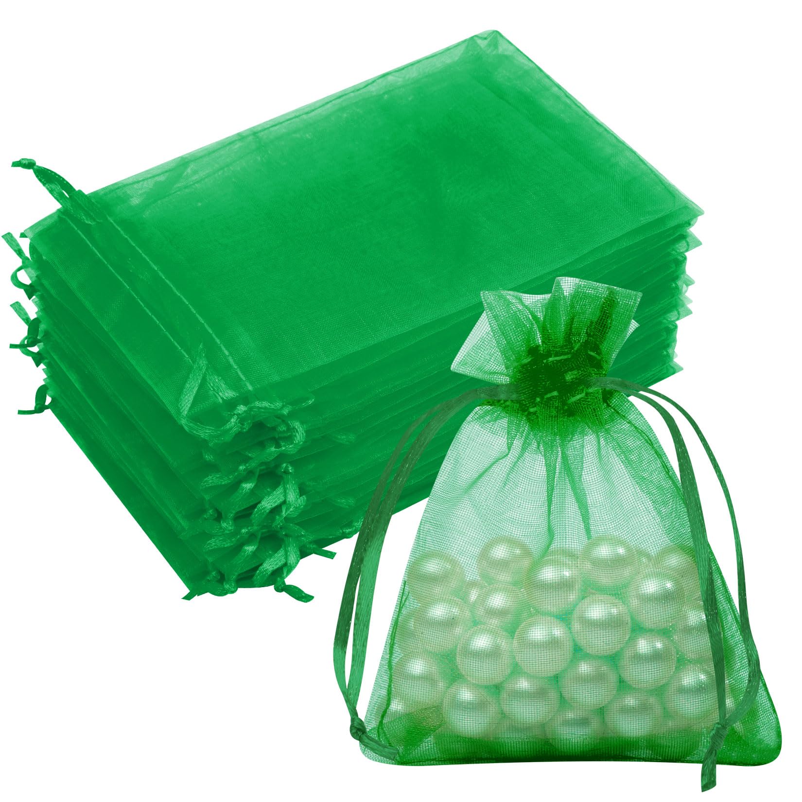 50PCS Green Organza Bags 3x4, Small Mesh Bags Drawstring Small Baggies Pouches Bulk for Jewelry Candy Treats Birthday Party Favors Wedding Baby Shower Halloween Christmas