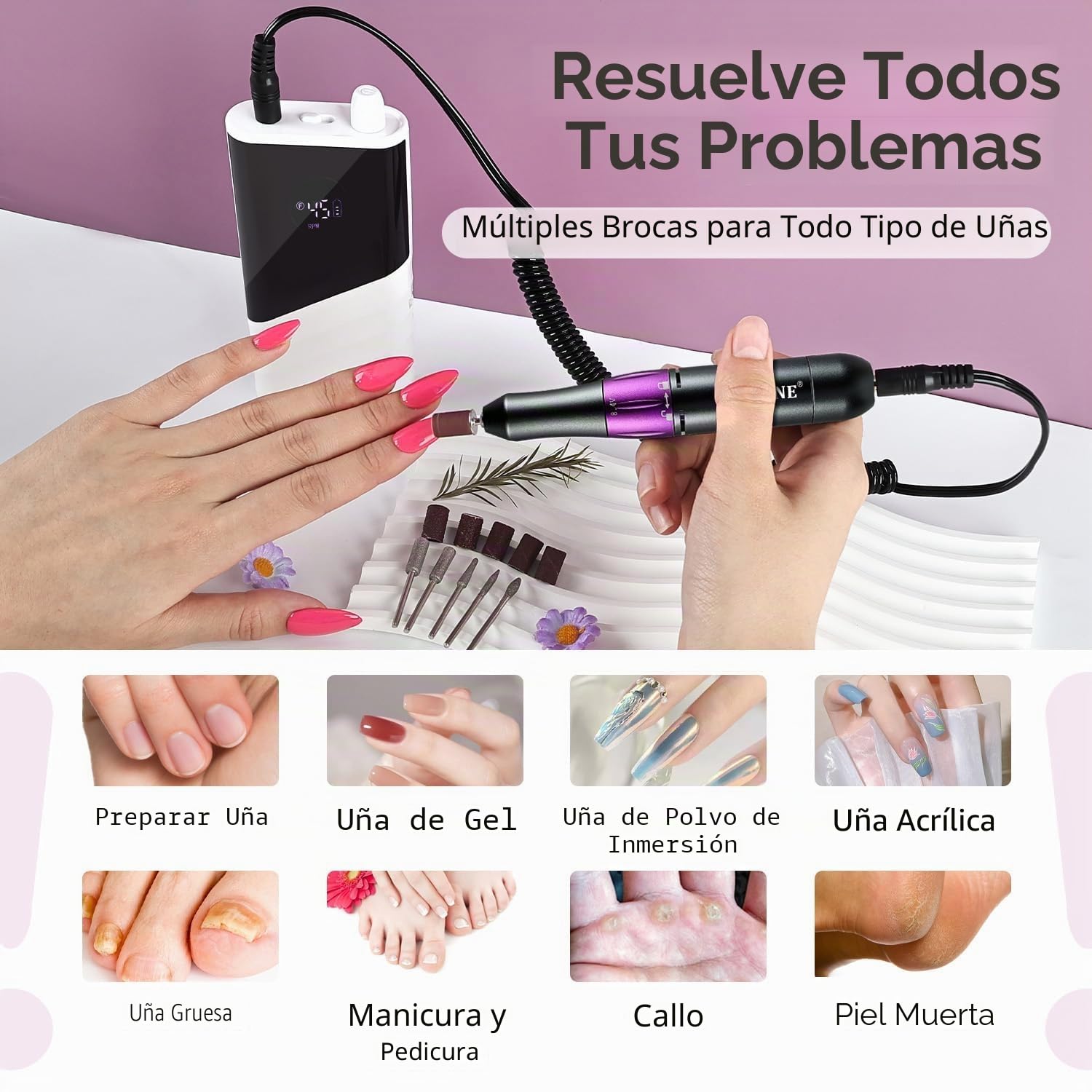 JODSONE Taladro de uñas profesional, 45000 rpm, lima de uñas recargable para la eliminación de gel de uñas, silencioso, portátil para uso en casa y salón