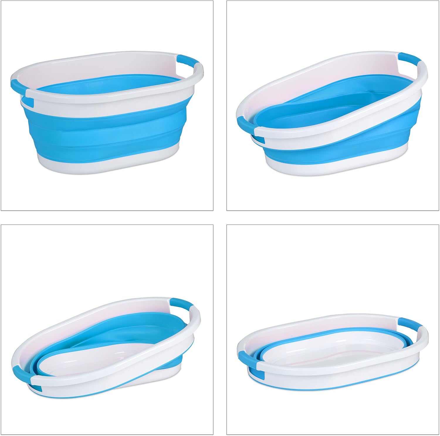 Relaxdays Laundry Basket Foldable, 24 litres, Plastic Tub, Space-Saving Folding with Handles, Blue and White, 24 x 53 x 38 cm