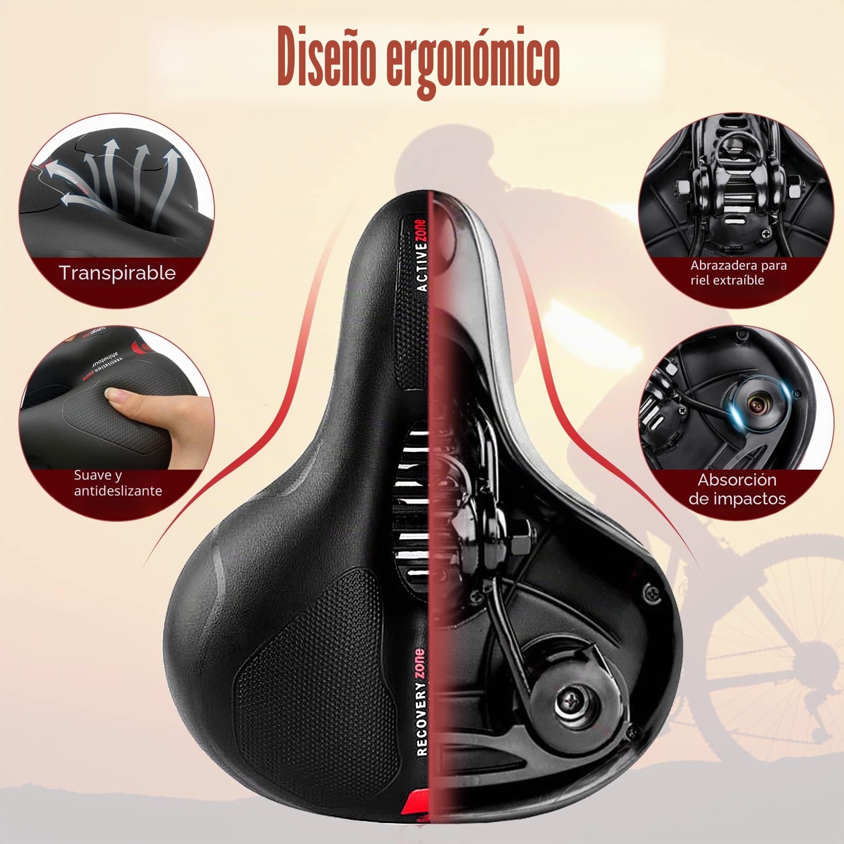 Luzoon - Sillín de Bicicleta de Gel ergonómico, con Funda Impermeable, Transpirable, para Hombre y Mujer, cómodo