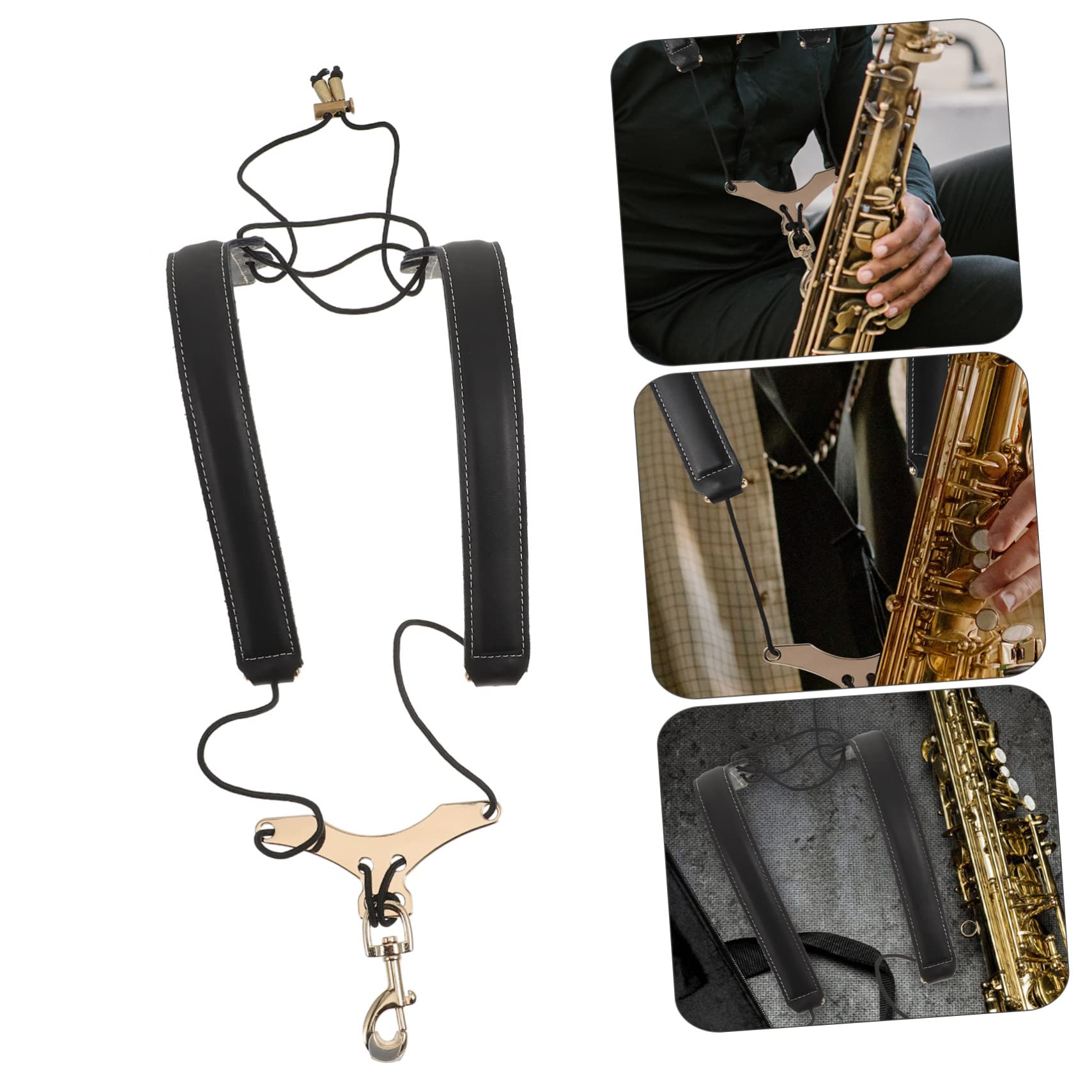BESTonZON Bandoulière pour Saxophone, Harnais à 2 Épaules en Cuir de Vache et Métal, Noir, Soulage la Nuque et Maintient L’instrument