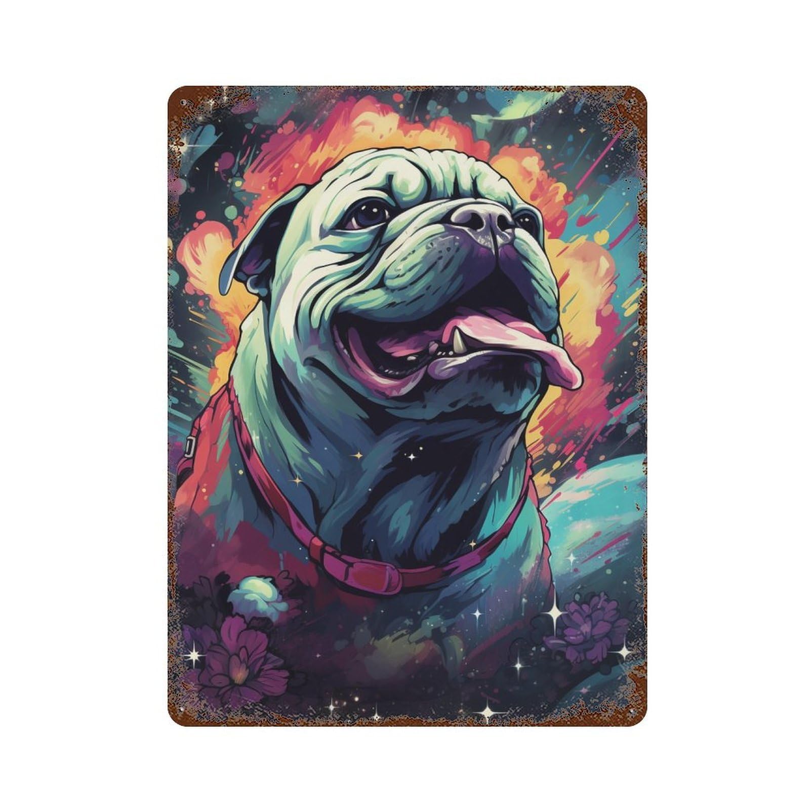 Rust Effect Colorful Bulldog Art Print Retro Metal Sign 15.7"x11.8", Novelty Wall Decor for Bistro, Counter And Cafe Decor