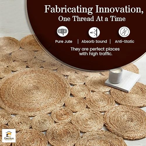 Miniatura 6 de GRUHUM Alfombra tejida a mano de yute redonda de 4 pies, de fibra natural, bohemia, suave, trenzada, rústica, vintage, beige, reversible, ecológica,
