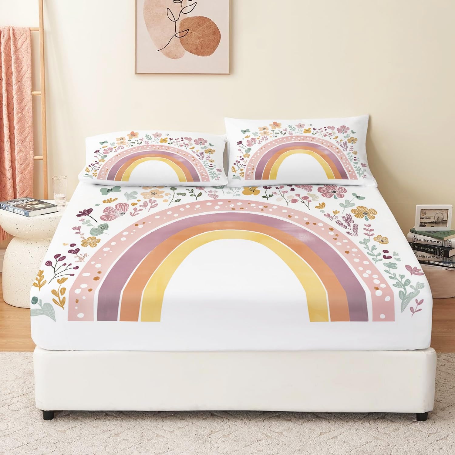 Lenzuolo con angoli 160 x 200 cm Arcobaleno in stile Boho Bedding 3PC Printed Fitted Colore Lenzuolo Lenzuolo con angoli extra profondo con federe Microfibra spazzolata Facile da pulire
