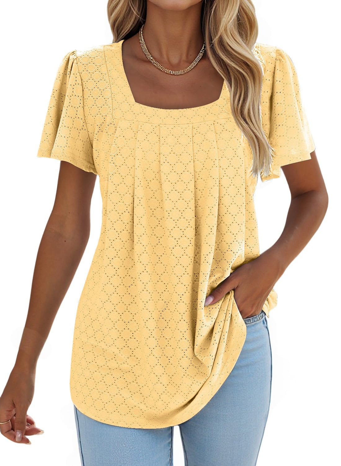 isermeo Summer Tops for Women Pleated Square Neck Ruffle Sleeve Shirts Casual Loose Flowy Curved Hem Tunic S-XXL