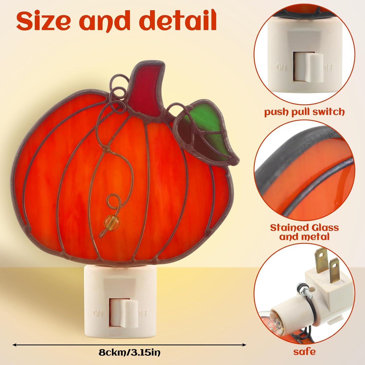 2 Pcs Stained Glass Pumpkin Night Light Plug into Wall, Bright Orange Pumpkin Fall Seasonal Light Decor for Home Bedroom Bathroom Kitchen Hallway Thanksgiving Halloween Decoration