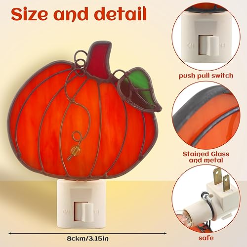 Miniatura 2 de 2 piezas de luz nocturna de calabaza de vidrieras enchufables a la pared, calabaza naranja brillante decoración de temporada para el hogar,