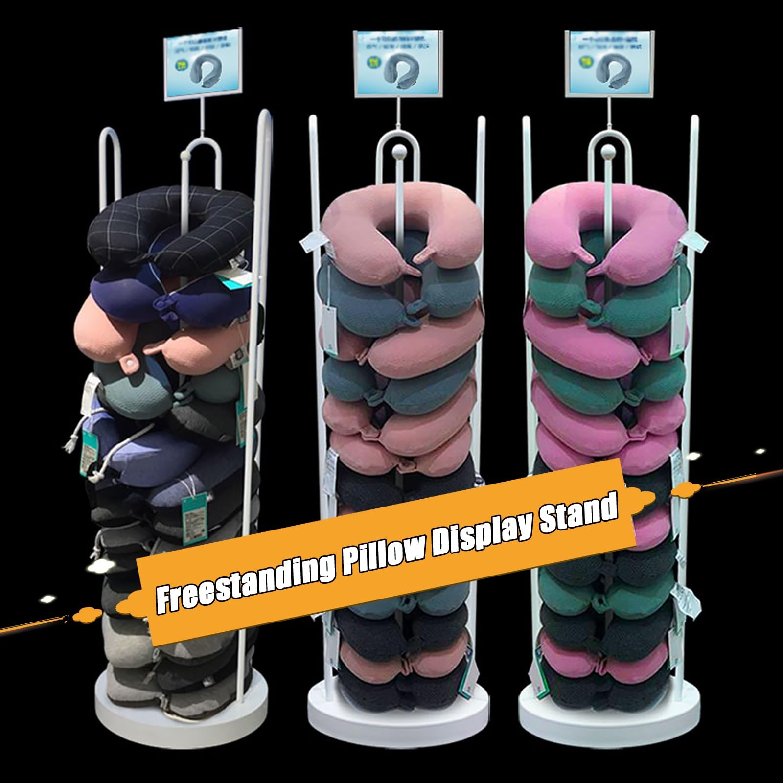 Wolnostojący stojak na poduszki pod szyję, stojak na znaki, podróżny uchwyt do przechowywania poduszek w kształcie litery U - wytrzymała biała żelazna rama, do sklepu detalicznego/butików/sk
