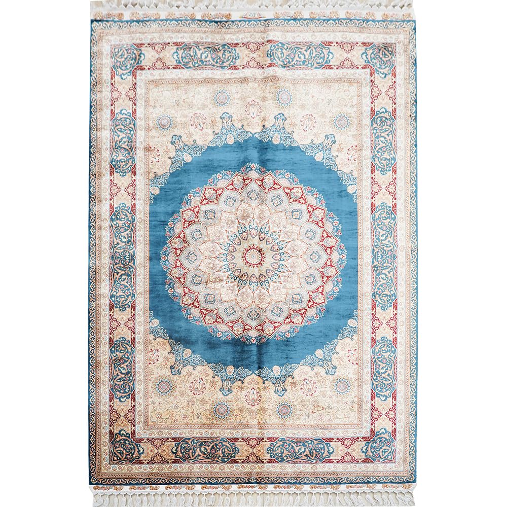 Yuchen Carpet Hand Knotted Rug 5 5x8 ft Blue Handmade Vintage Antique Medallion Oriental Silk Rug for Bedroom