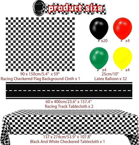 Miniatura 3 de Suministros para fiestas de autos de carreras, 12 conos de tráfico con agujeros en la parte superior, 24 banderas a cuadros, mantel de fiesta de