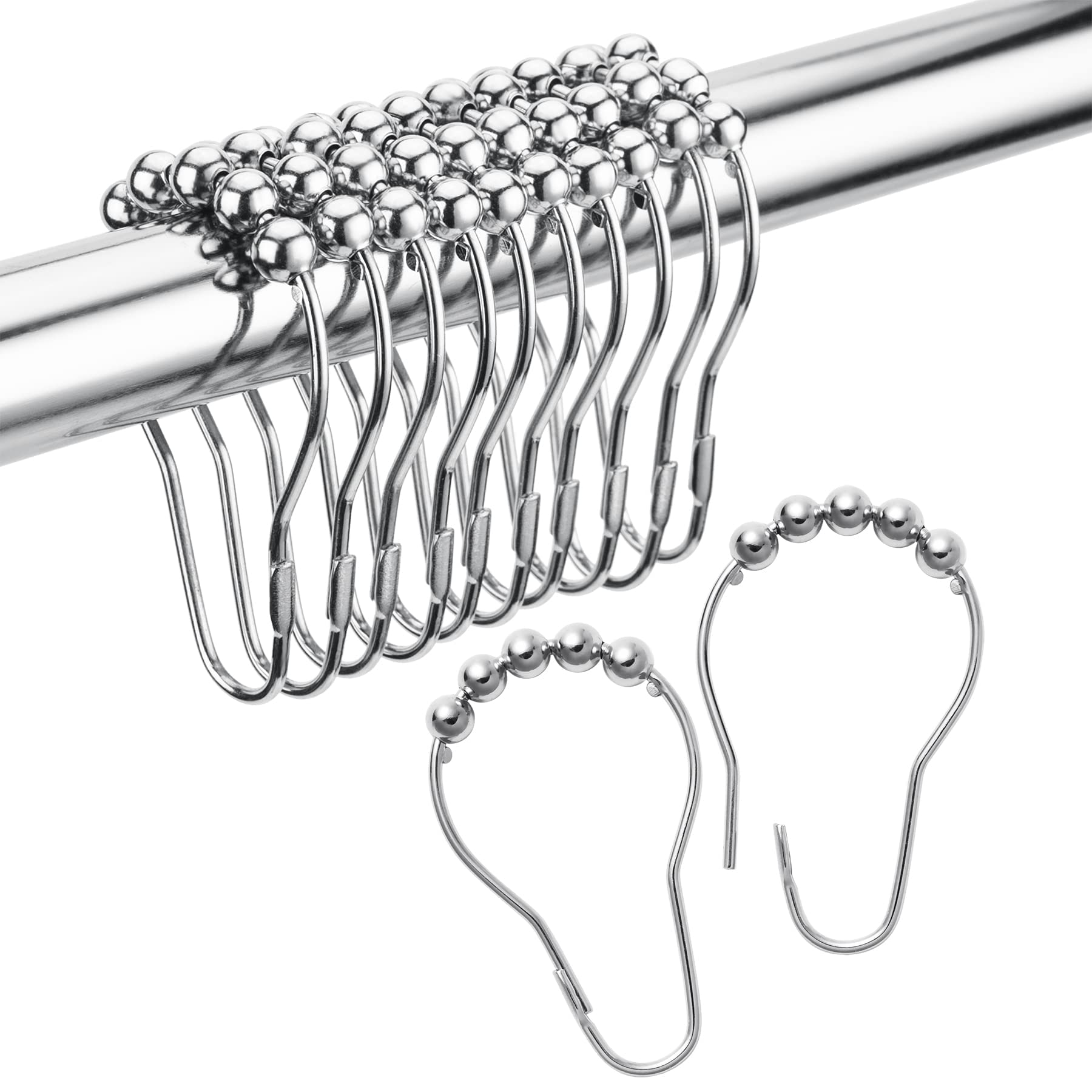 LEKTIST Shower Curtain Rings Hooks Rust Proof for Home Bathroom Stainless Steel Rolling Hooks12PCS Silvery (Silvery, 12 Pack)