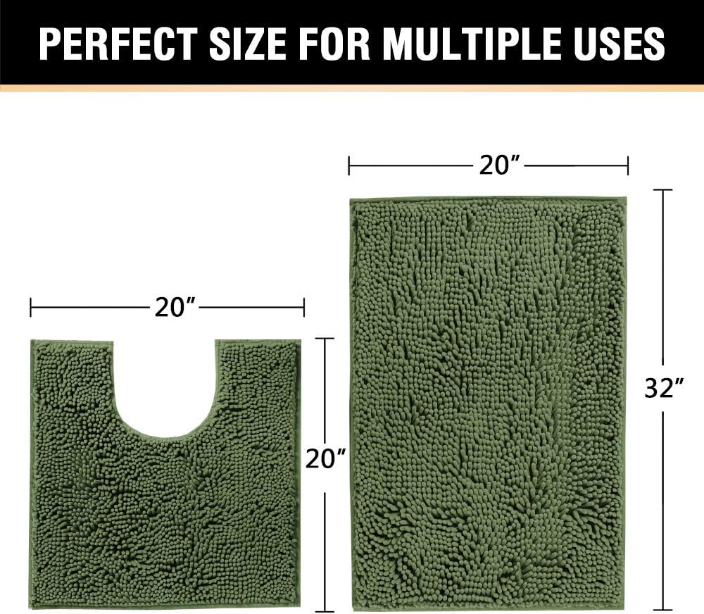 H.VERSAILTEX Bathroom Rugs Luxury Chenille Mat Set, Soft Plush Shower Rug   Toilet Mat, Microfiber Shaggy Carpet, Super Absorbent, Machine Washable (Curved Set, 32 x 20/20 x 20, Loden)