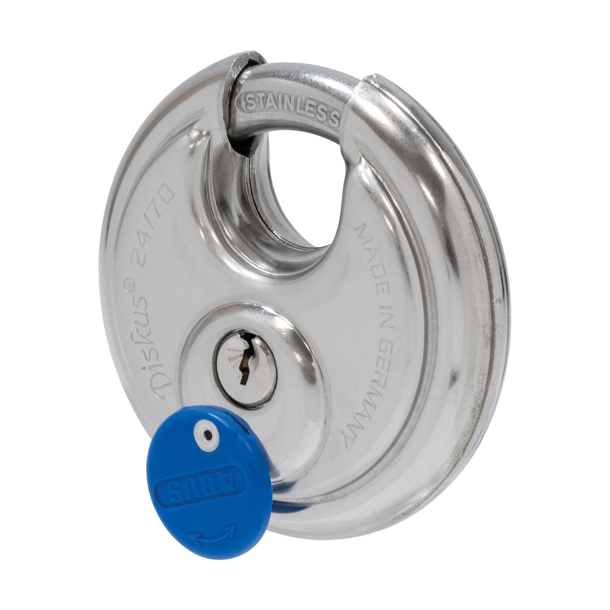ABUS Cadenas Diskus 24IB/70 en acier inoxydable - avec protection circulaire de 360° - résistant aux intempéries - 02050 - Niveau de sécurité 8 - Argent/Bleu