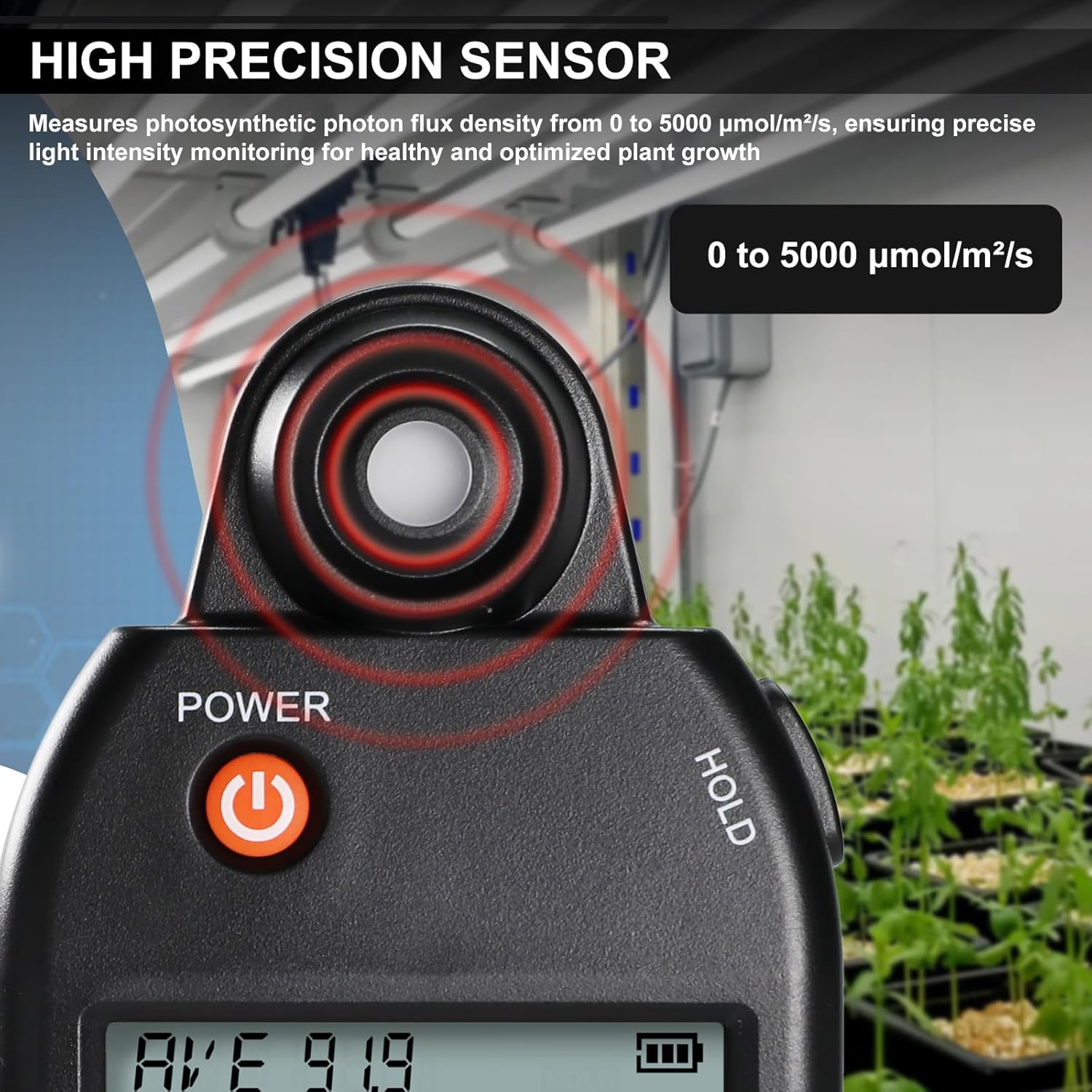 PAR Meter 320-800 nm PPFD Meter Measures PPFD, UVA, and IR Light Intensity, PAR Meter for LED Grow Lights, Quantum PAR Meter Features Data Storage, Hold/MAX/MIN/AVG, Wavelength Switching Modes