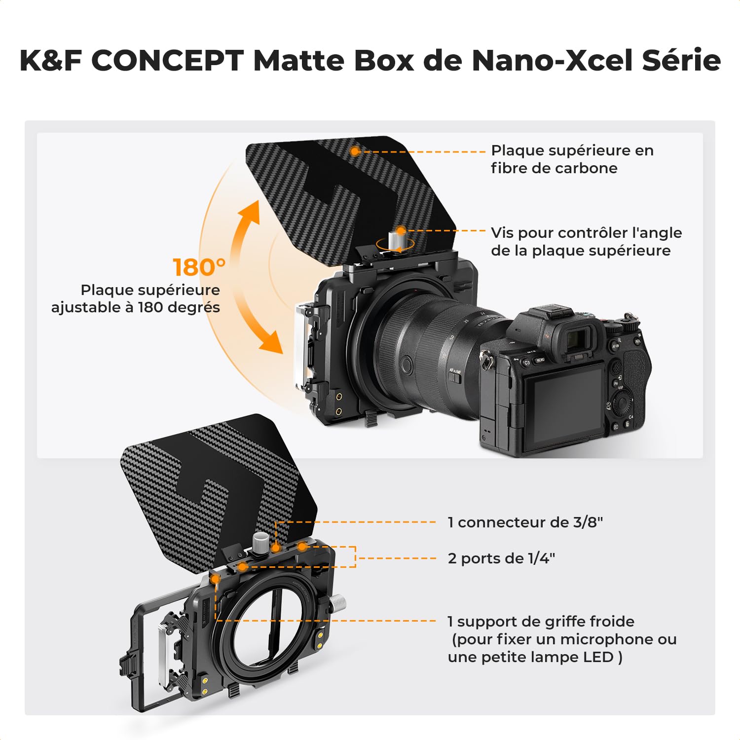 K&F Concept Matte Box Carbone et 5 Bagues Adaptateurs 67/72/77/82/95mm et Cadre de Filtre Carré de 4x5.65