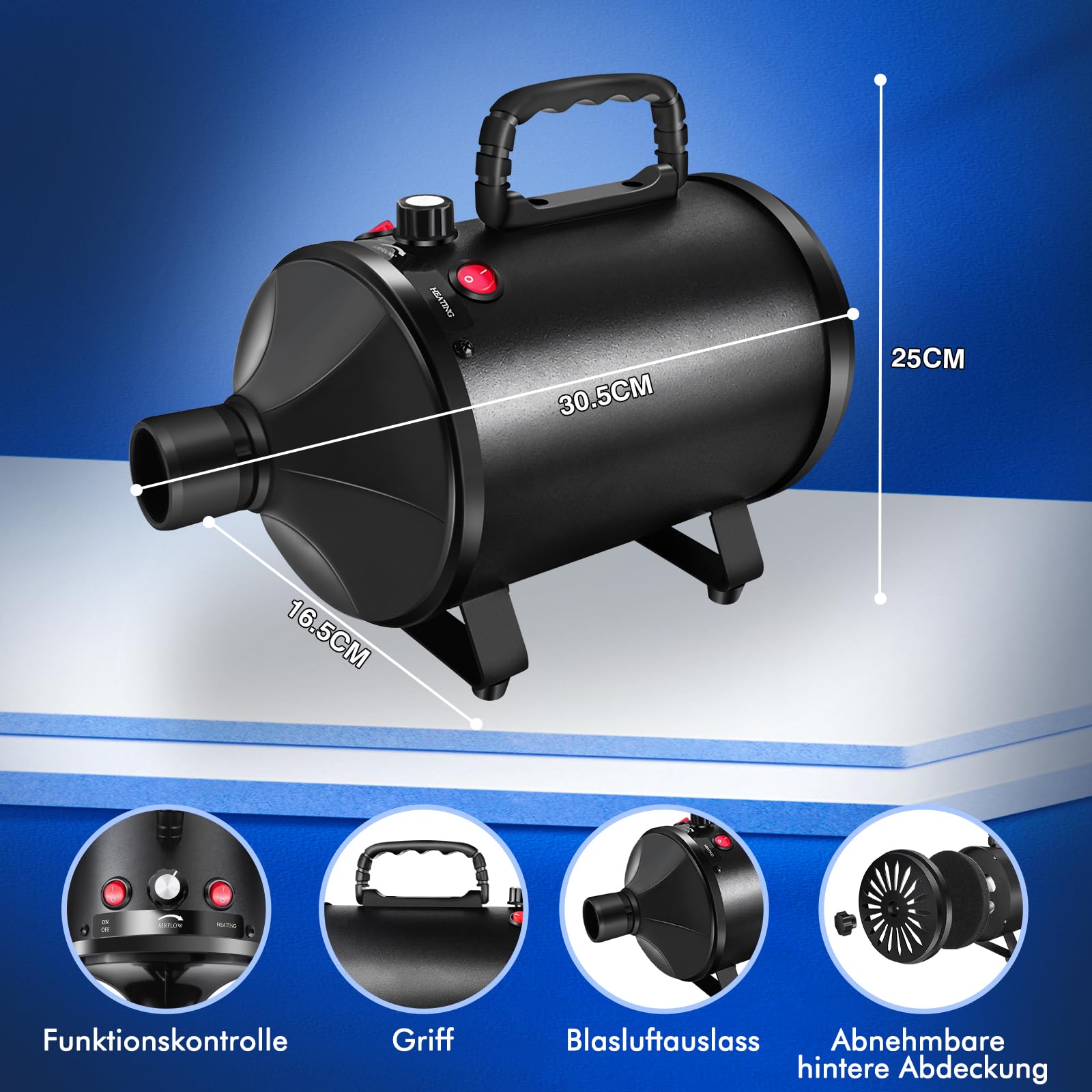 AUTOFU Secador profesional para perros, secador de pelo para mascotas, 3500 W, con velocidad y calor ajustables, 4 boquillas diferentes y manguera elástica