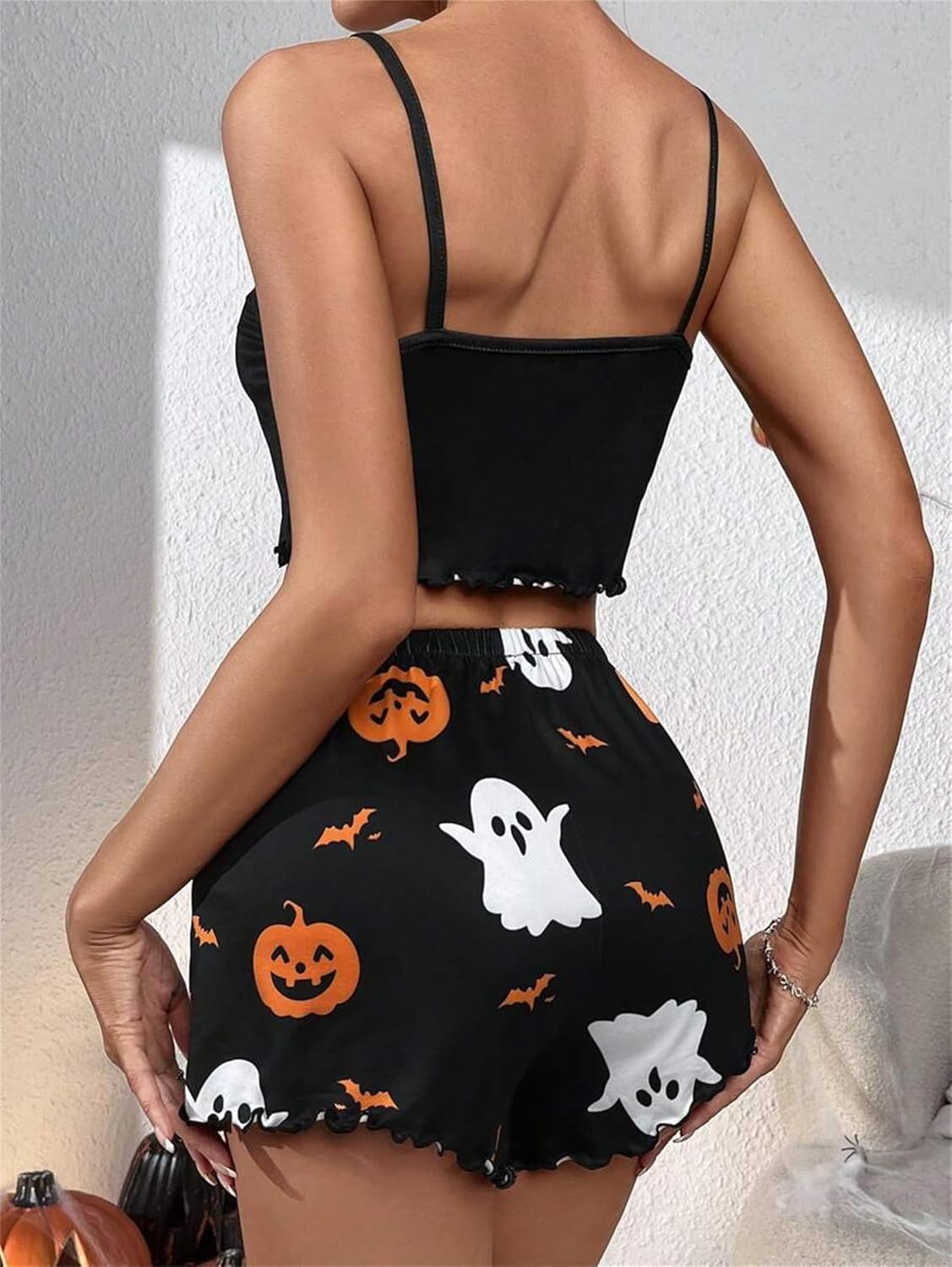 iTranyee Women Halloween Print 2 Piece Pajamas Set Cute Pattern Sleeveless Crop Cami Top Ruffle Shorts Outfits Sleepwear - Image 4