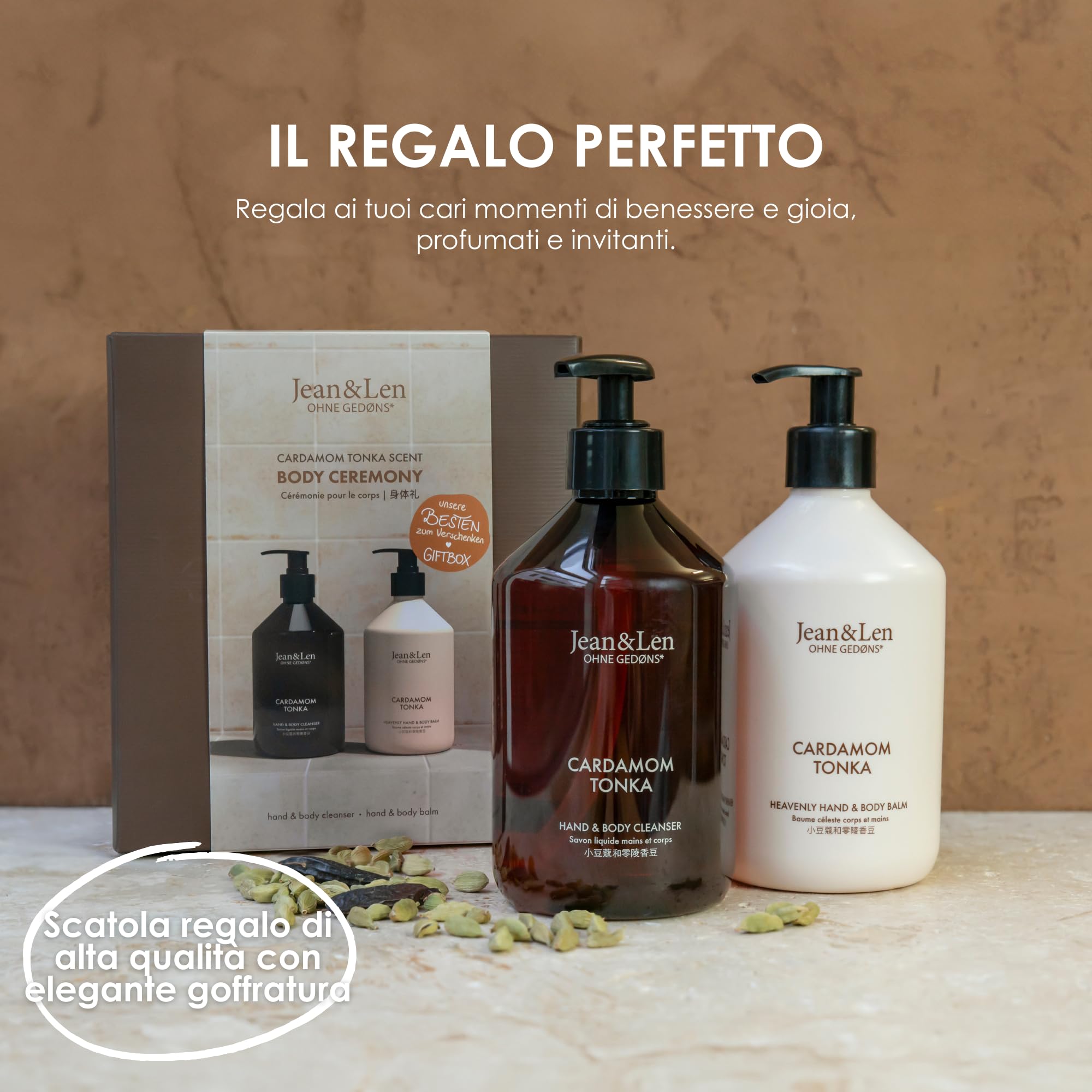 Jean & Len Body Ceremony Cardamom & Tonka, con mano & Body Cleanser e balsamo per mano e corpo, confezione regalo di alta qualità, profumo delicato e speziato, confezione certificata FSC, set regalo