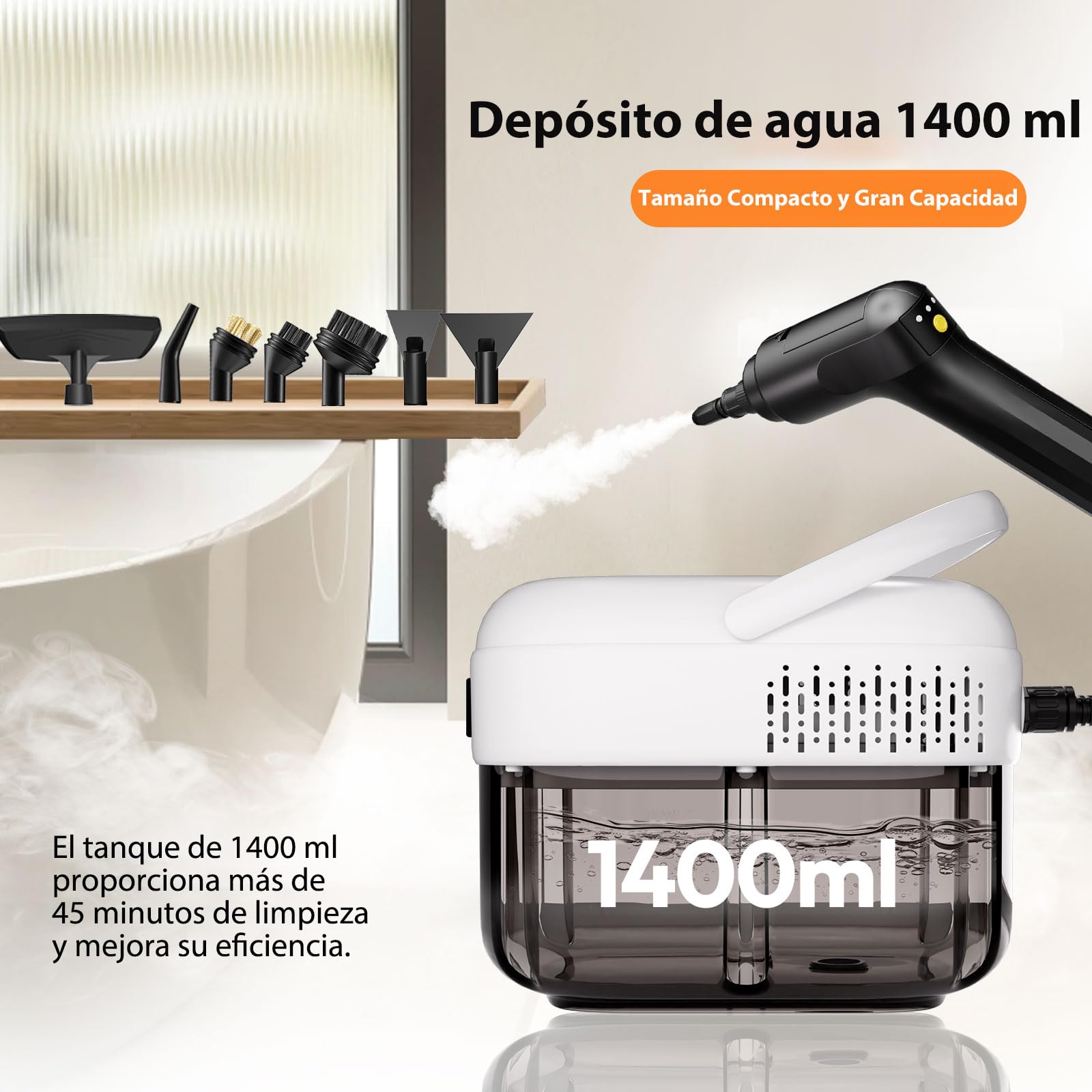 Vaporeta Limpieza Hogar, Calentamiento en 15 s, 3 Niveles Ajustables, Vaporeta de Mano con Depósito de 1,4 L, Limpiador a Vapor Potente para Coches, Suelos, Hogar, Cocina y Ventanas