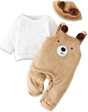 Newborn Baby Boy Plush Cartoon Cute Bear Suspender Pants + Top with Hat Sets Autumn Winter Outfit Clothes 3PCS