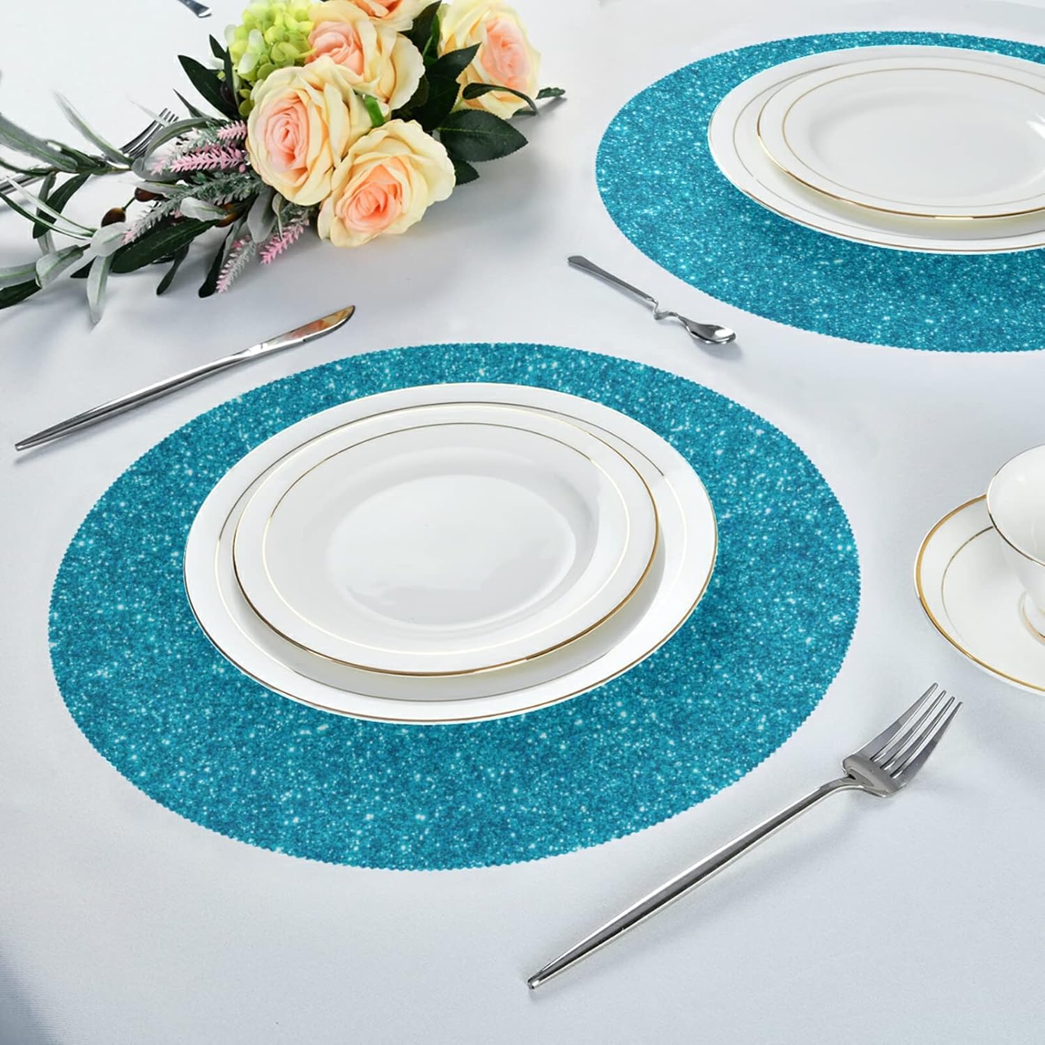 Placemats Blue Turquoise Glitter Placemats Blue Turquoise Glitter Place Mat Set of 6 Table Mats 15.4 inch for Kitchen Dining Table Holiday Party-NP