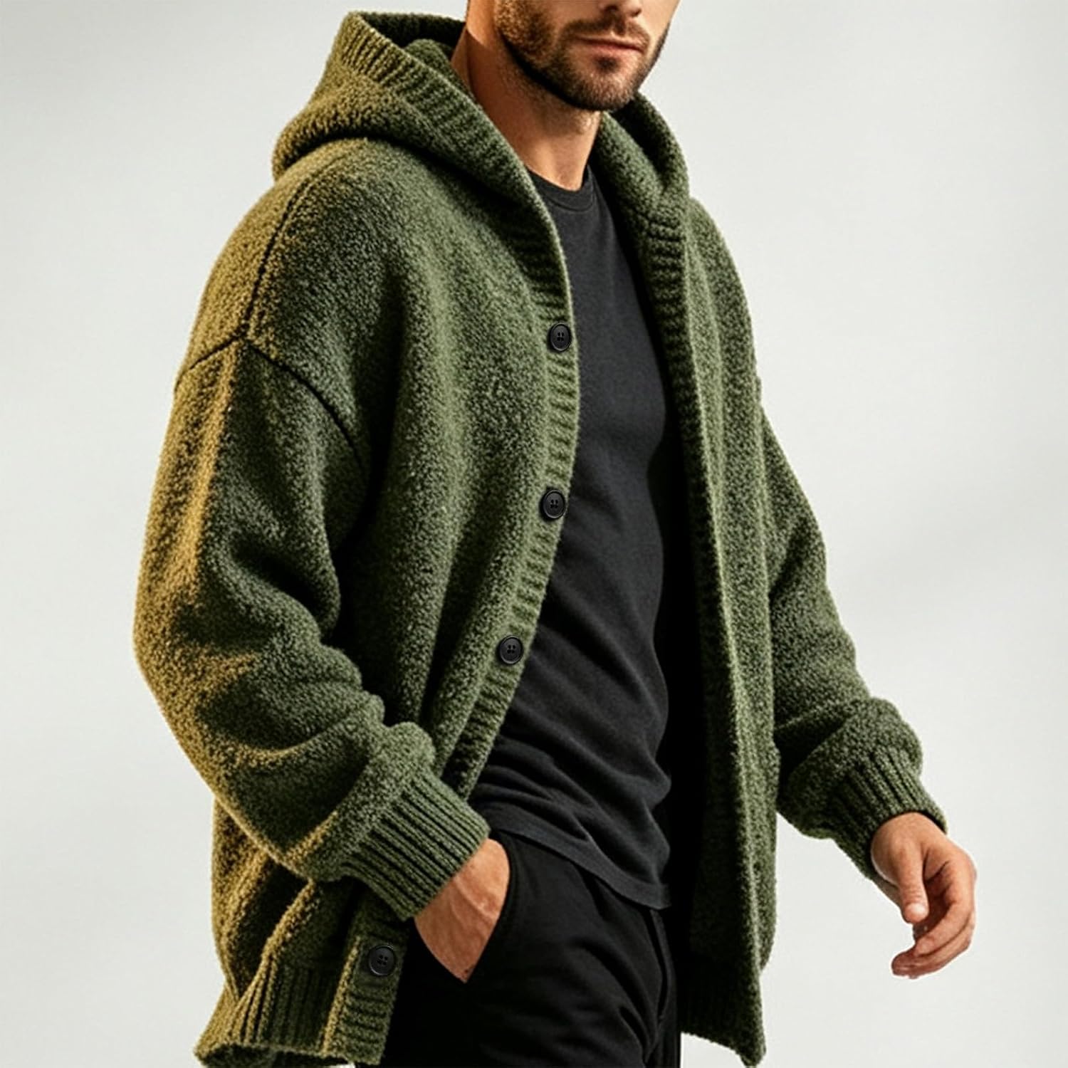 Mens Hooded Knit Cardigan Button Down Long Sleeve Sweater Jacket