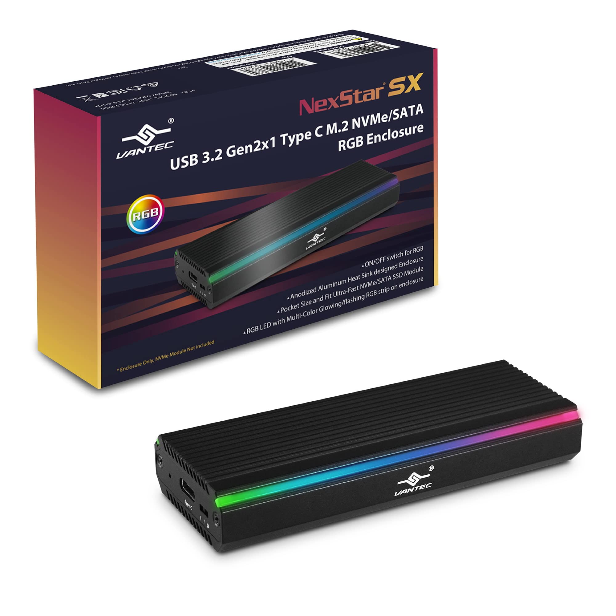 Vantec NexStar SX, USB 3.2 Gen2x1 Type C RGB Enclosure for M.2 NVMe or M.2 SATA, Multi-Color RGB, Pocket Size, Anodized Aluminum, toolless Mount, UASP, No Drivers Needed (NST-211C3-RGB)-image-37