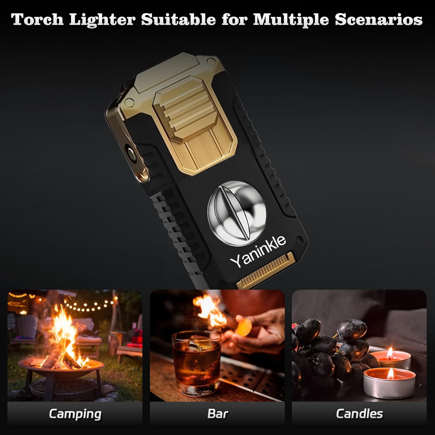 5-in-1 Torch Lighter with Triple Jet Flame, Windproof Outdoor Lighter Butane Refillable and Flames Adjustable Torch Lighters for Travel, Outdoors (Butane Not Included)-Black Gold