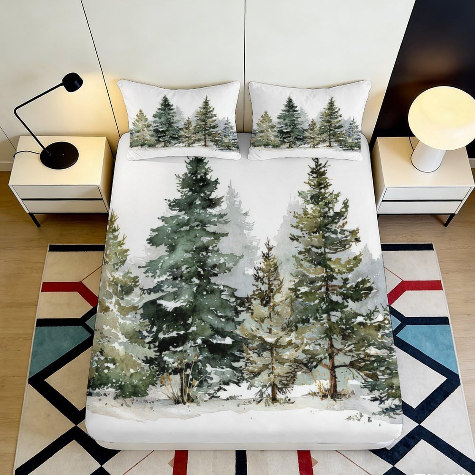 3D Printed Snow Pine Forest Fitted Sheet Microfiber Soft Elastic Mountain Trees Mattress Cover Bedroom Decor 90x200x25cm