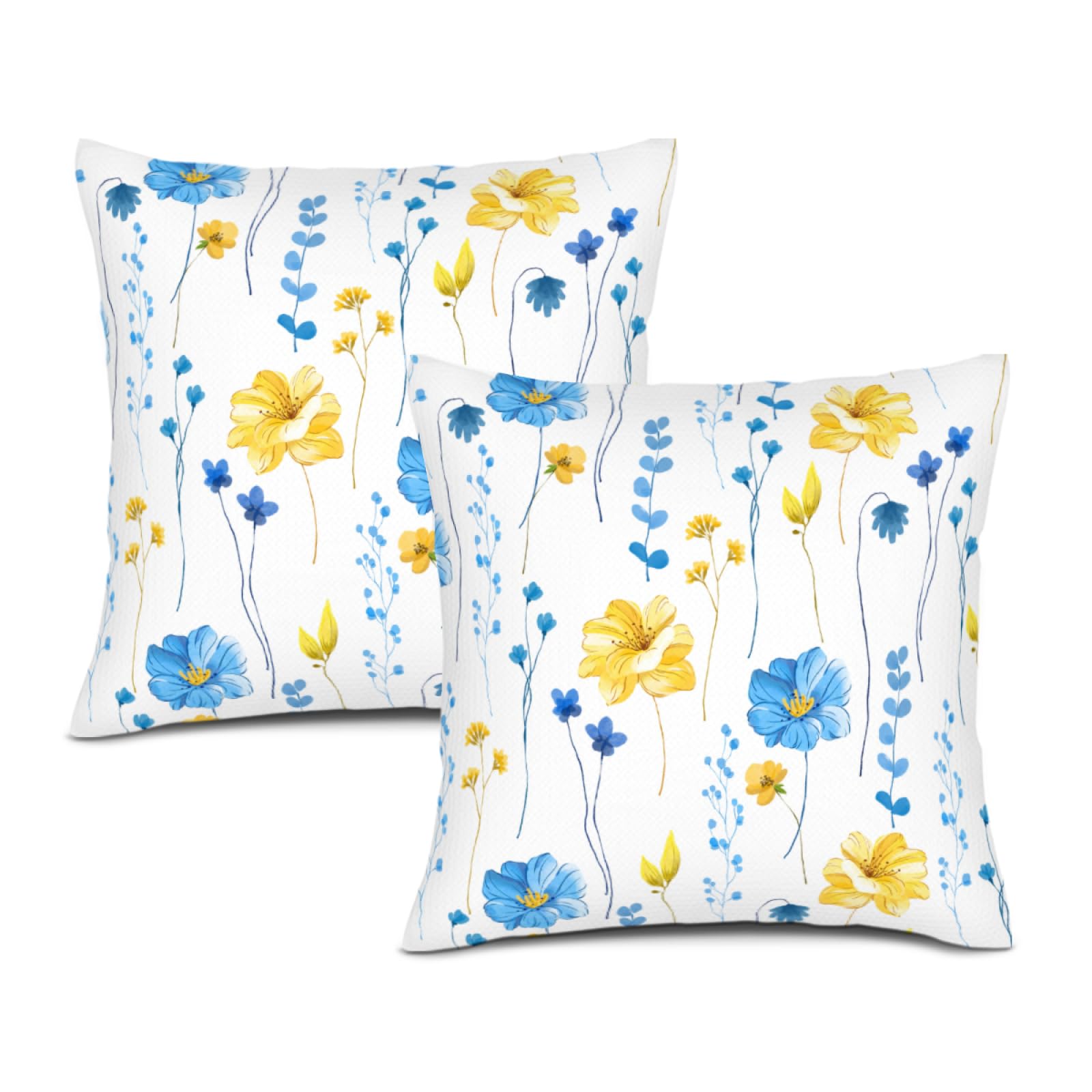 Waiyear Blue Gold Floral Decorative Throw Pillow Covers, Blue Yellow Flower Pillow Cases for Couch Living Room Sofa Bed Chair Set of 2 18"x18",