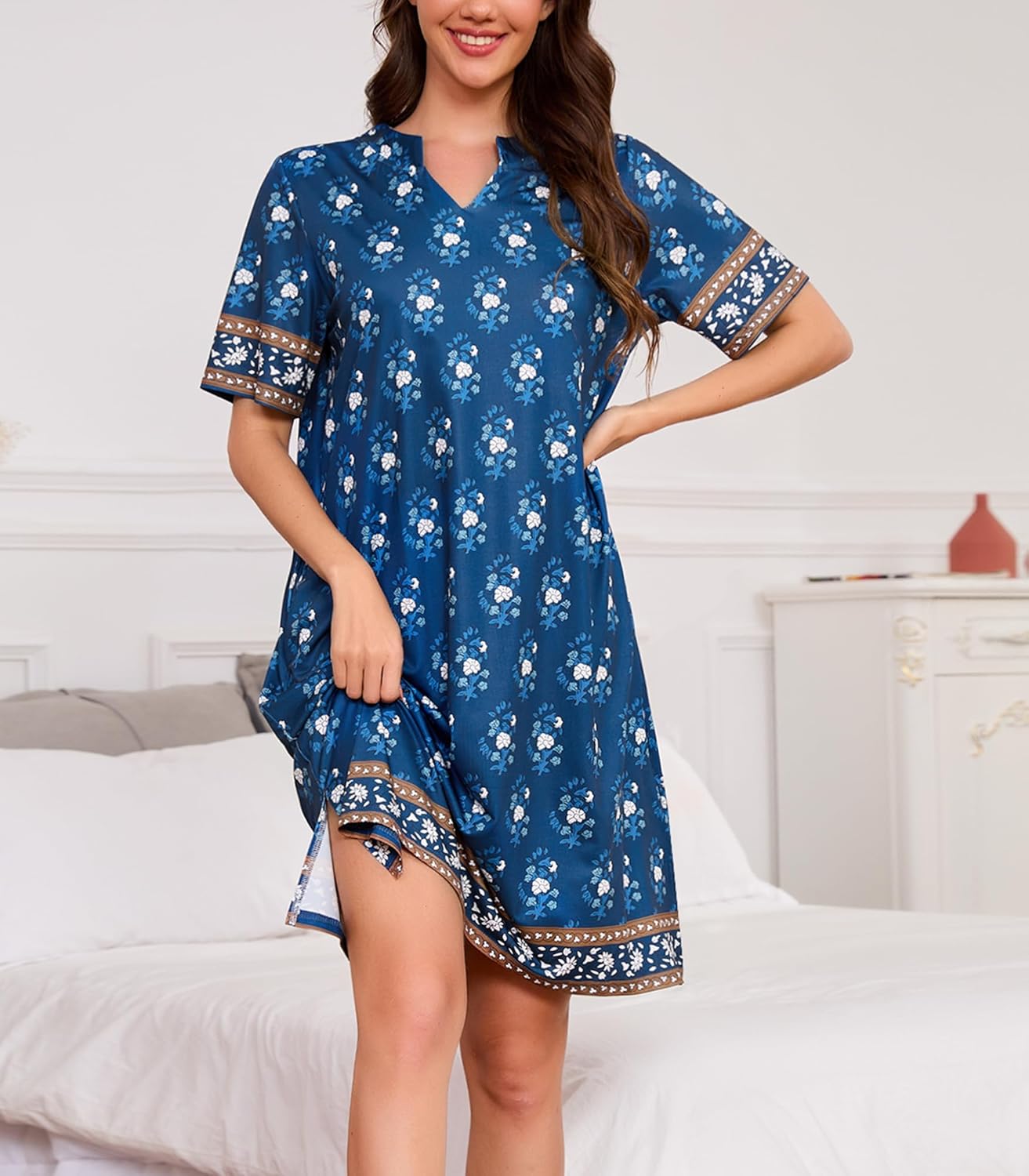 Womens Nightgown Short Sleeve House Dress with Pockets Floral Print Mumu Dress Casual Loose S-3XL - Image 2