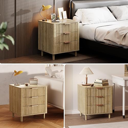 Miniatura 7 de Fluted Nightstand with Charging Station, Multifunctional 3 Drawers Storage Bedside Table, Solid Wood Modern Nightstand, Curved Profile Design, End