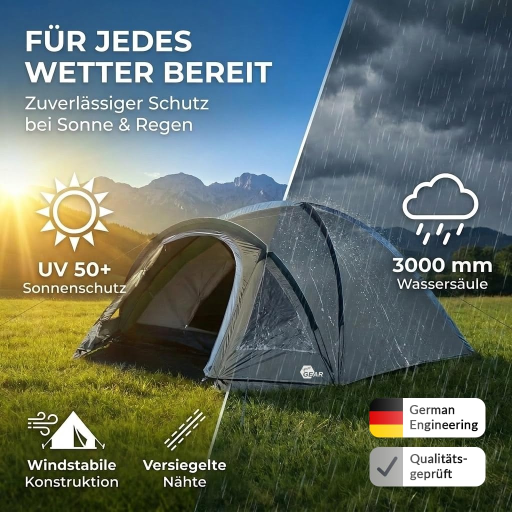 your GEAR Monza Zelt 4 Personen – Schnellaufbau Campingzelt – Festivalzelt wasserdicht & UV50+ – Igluzelt mit dunkler Schlafkabine, Moskitonetz & Fenster – leichtes Kuppelzelt für Camping & Festival