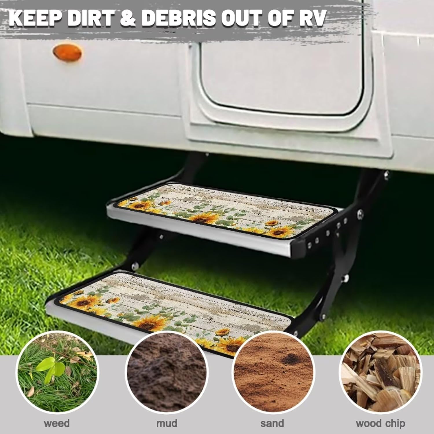 Sunflower RV Step Covers 4 Pack Wood Print RV Stair Treads Non Slip Outdoor Anti Slip Camper Step Covers with Hook and Loop, Protects Your RV from Unwanted Tracked in Dirt