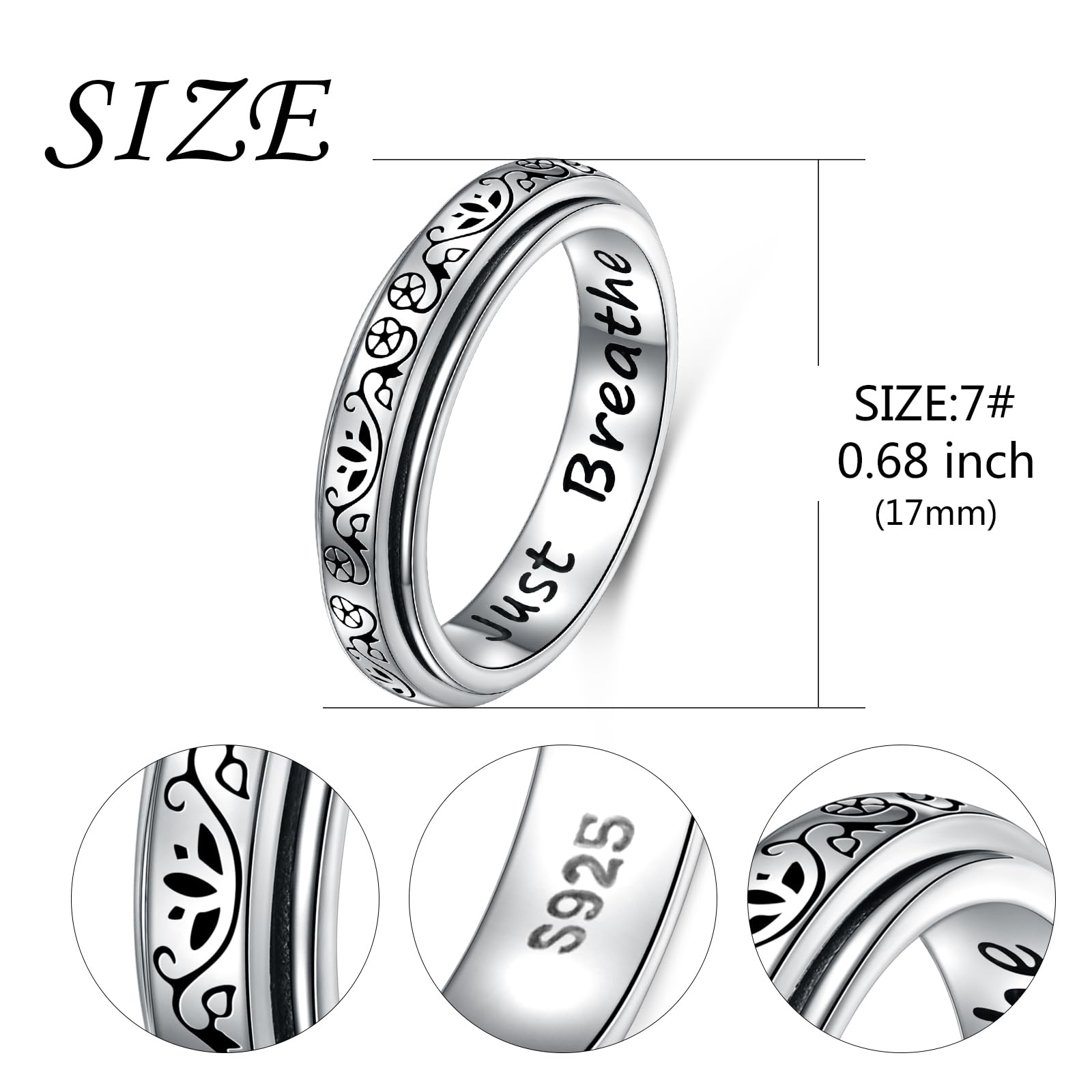 Anillo antiestrés de plata de ley 925 con flor de loto para yoga, Just Breathe Spinner para aliviar el estrés, el aburrimiento, TDAH, autismo, para mujeres y hombres