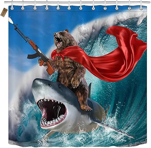 Miniatura 2 de Juego de 4 cortinas de ducha divertidas con diseño de oso de oso en olas oceánicas, decoración de baño para adolescentes y niños, cortina de ducha