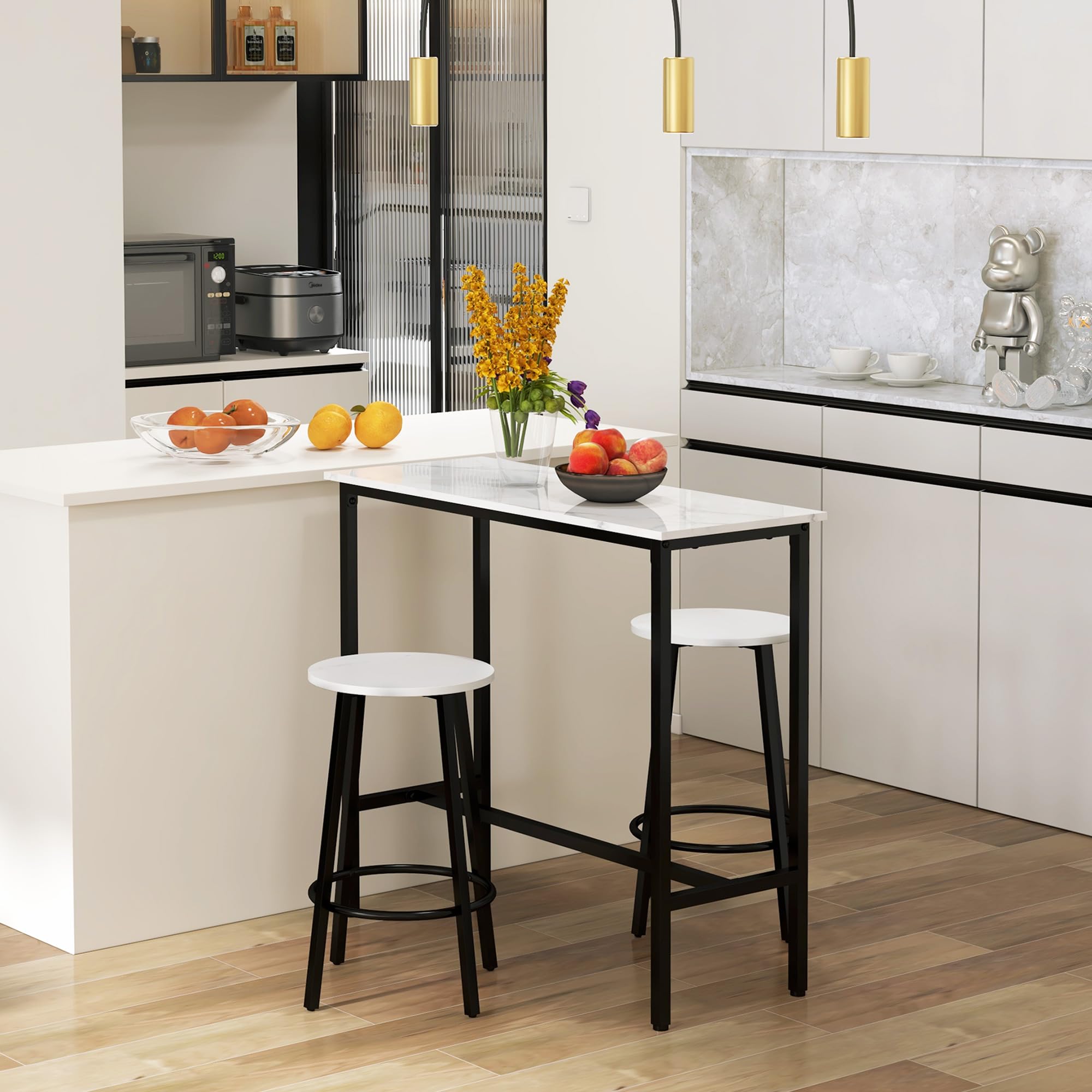 HOMCOM Set Table de Bar + 2 tabourets en Acier Plateau Aspect marbre 2 Personnes Blanc