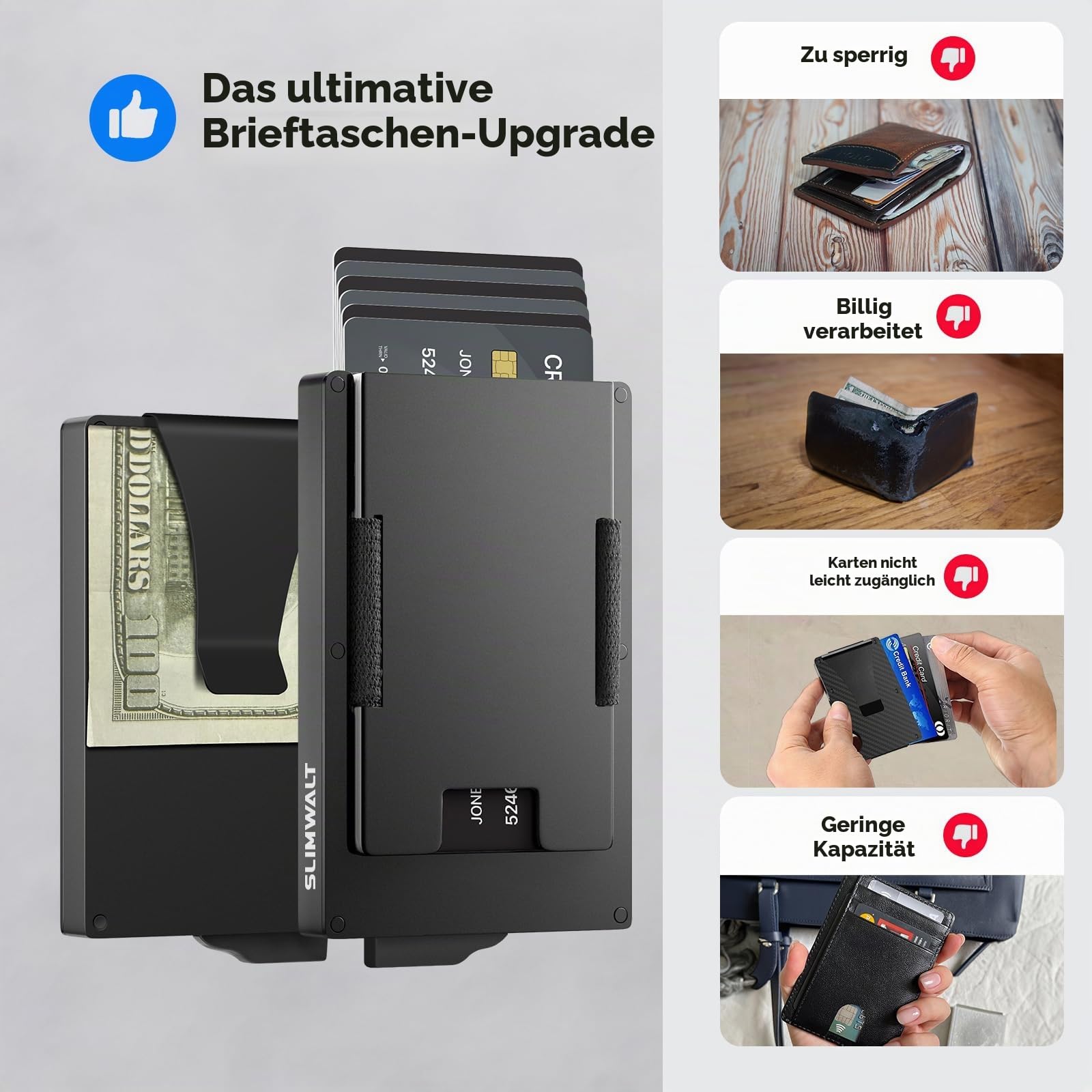 Metall Geldklammer Herren für 10-20 Karten & 20 Geldschein Pop-up Kartenetui Herren mit RFID Schutz Slim Wallet Metall CardHolder mit Smart Kartensteckplatz (Schwarz)