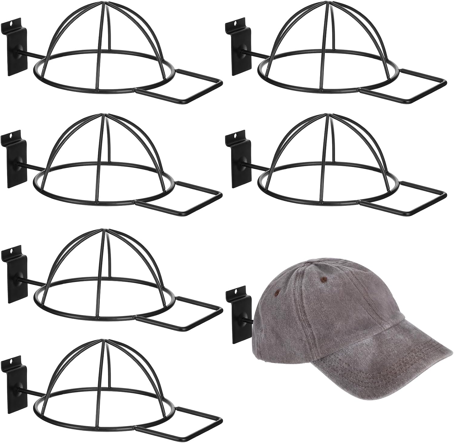 6 Pcs Metal Hat Display and Holder, Wall Mounted Slatwall Rack Organizer for Baseball Caps, Beanies, Wigs, for Home and Retail Store, Black