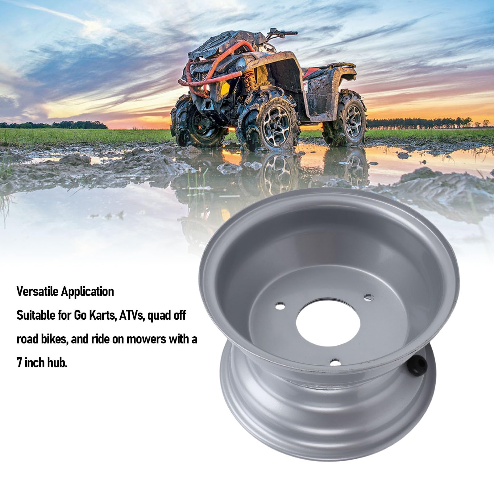 Akozon Jante de Roue de VTT 16x8-7, Jante de Remplacement en Acier à 3 Trous de 7 Pouces pour Pneus Tout-terrain Quad Go Kart UTV, Moyeu de Roue Durable (SILVER)