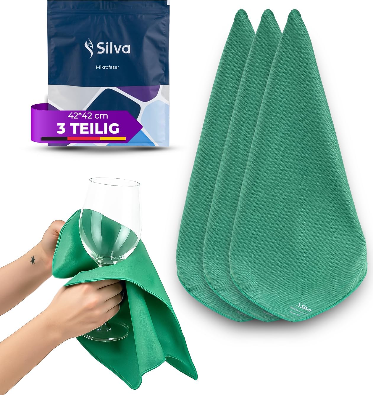 Silva 3-Pack Premium Microfiber Cleaning Cloths – Streak-Free Window & Mirror Wipes – Lint-Free Towels for Kitchen, Home & Car – Extra Thick Magic Rags – Green