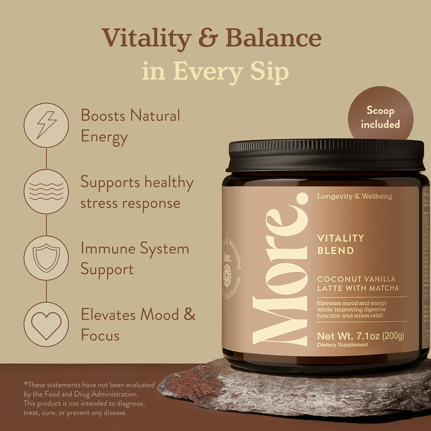 More. Longevity & Wellbeing Vitality Blend Drink Mix – Adaptogens Supplements with Magnesium Glycinate, Maca Root, Matcha, Whole Food Multivitamin for Mood, Energy, Digestion – Coconut Vanilla Latte